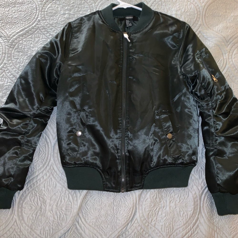 Hunter green satin bomber jacket